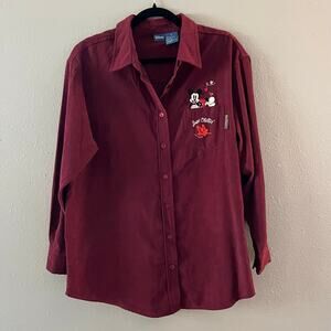 Vtg Disney Mickey Mouse Fall Button Up Shirt Women’s Size L Burgundy Long Sleeve